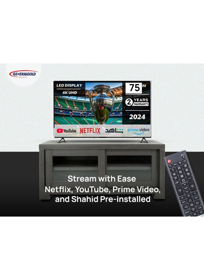 جينيرال جولد - تلفزيون ذكي من General Gold بقياس 75 بوصة، بدقة 4K UHD، بنظام WebOS Hub، تصميم بدون إطار، تحكّم صوتي، بلوتوث، ويدعم Netflix وYouTube وPrime Video - Image 1