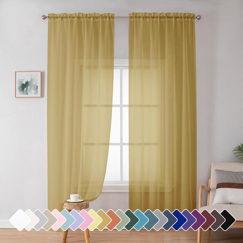 SimpleBrand Gold Sheer Curtains 72 Inches Long 2 Panels for Living Room, Rod Pockets Airy Window Treatments Voile Sheer Curtains Panels Lightweight for Front Back Patio Glass Door, 42" Width - Image 1