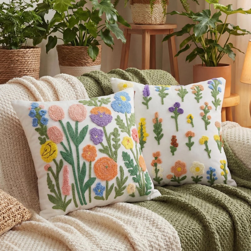 Gilprop 2 Pcs Embroidered Throw Pillow Covers 18 x 18 Inch Boho Square Decorative Pillow Covers Floral Leaf Plant Cushion Case for Bed Couch Sofa Bedroom Living Room Home Decor Flowers - Image 2