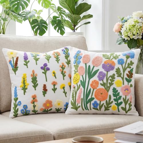 Gilprop 2 Pcs Embroidered Throw Pillow Covers 18 x 18 Inch Boho Square Decorative Pillow Covers Floral Leaf Plant Cushion Case for Bed Couch Sofa Bedroom Living Room Home Decor Flowers - Image 3