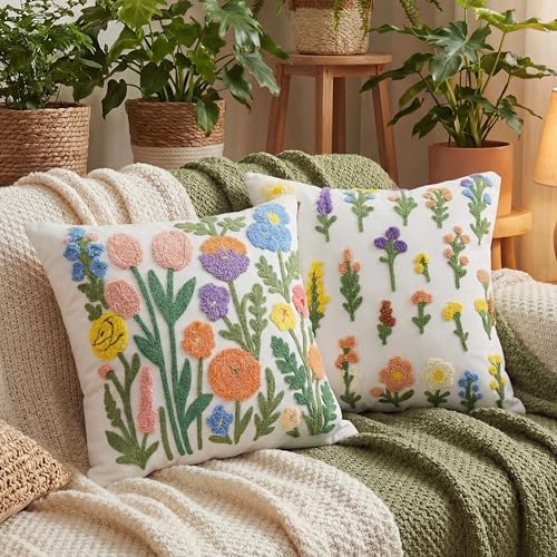 Gilprop 2 Pcs Embroidered Throw Pillow Covers 18 x 18 Inch Boho Square Decorative Pillow Covers Floral Leaf Plant Cushion Case for Bed Couch Sofa Bedroom Living Room Home Decor Flowers - Image 1