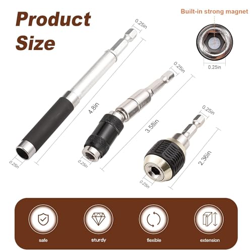 Dualshine Drill Bit Holder Extension 6Pc Flexible Magnetic Swiveling Bit Tip Holder Bar Set Chuck Adapter Extender Pivot Impact Driver Screw Pivoting Screwdriver Release Rotary Extender for Tight Space Corner - Image 5