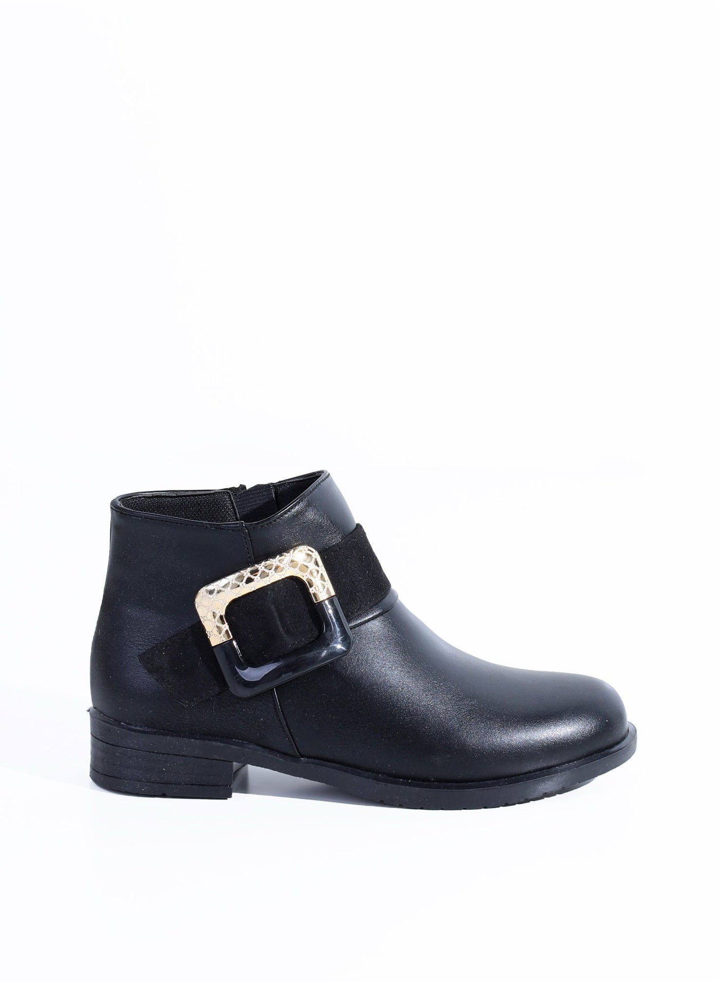 Ankle Boot Flat Leather With Buckle - Black G-27