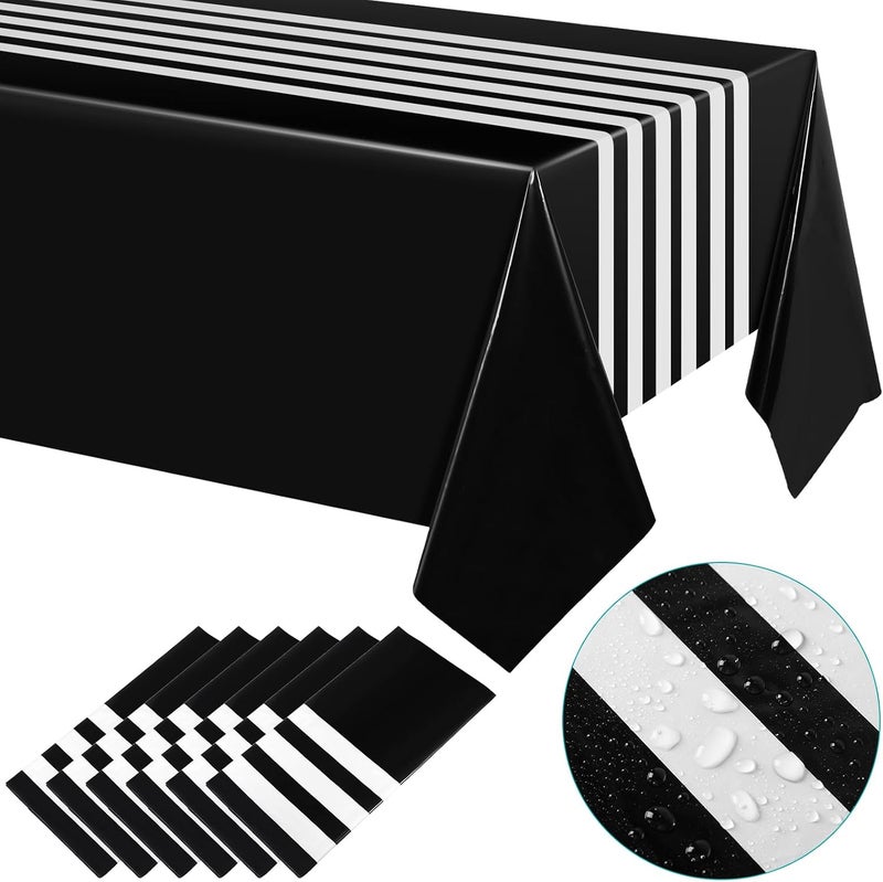 Oudain 6 Pcs Striped Tablecloth 108 x 54 Inch Disposable Plastic Table Cloth Waterproof Tablecloth Rectangle Table Cover for Birthday Wedding Bridal Party Supplies (Black White) - Image 1