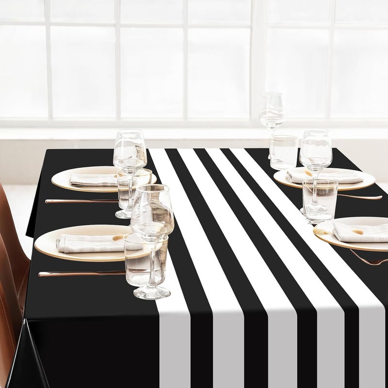 Oudain 6 Pcs Striped Tablecloth 108 x 54 Inch Disposable Plastic Table Cloth Waterproof Tablecloth Rectangle Table Cover for Birthday Wedding Bridal Party Supplies (Black White) - Image 5