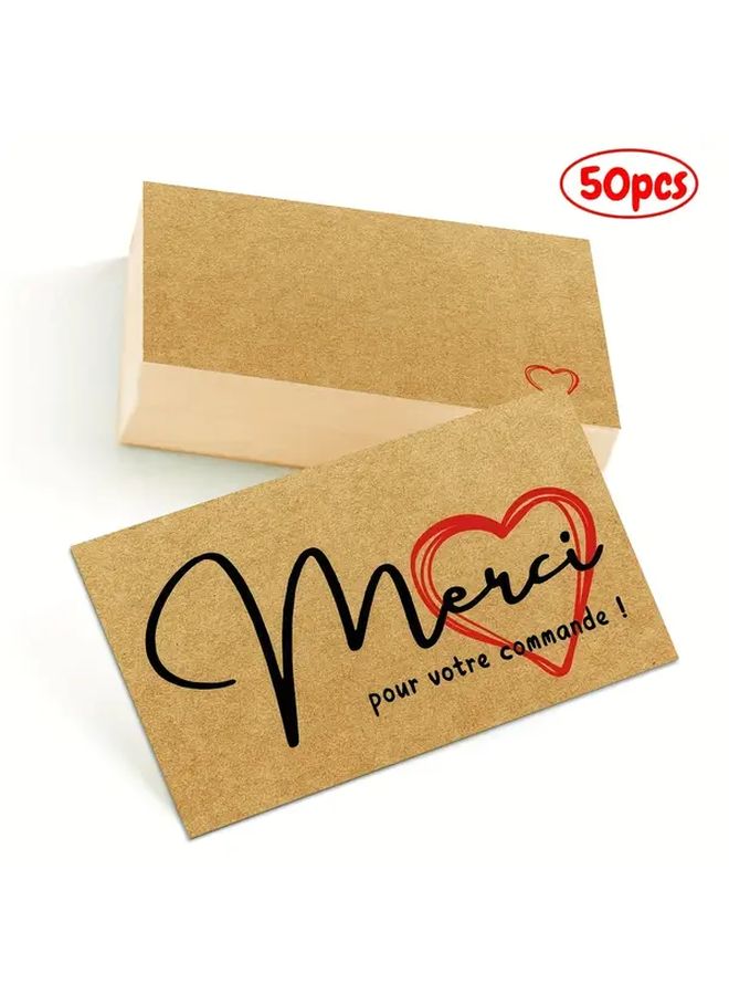 بطاقات شكر فرنسية بتصميم قلب مكونة من 50 قطعة "Merci" - خلفية فارغة للكتابة - رسالة أنيقة لهدايا الزفاف والأعمال - Image 1