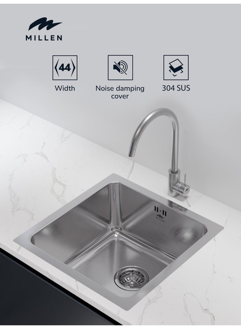 ميلين حوض غسيل فردي فاخر مثبت أسفله وأعلى - فولاذ مقاوم للصدأ 304، عازل للصوت، بلمسة نهائية ساتانية - MS4408، ضمان لمدة 3 سنوات - Image 2