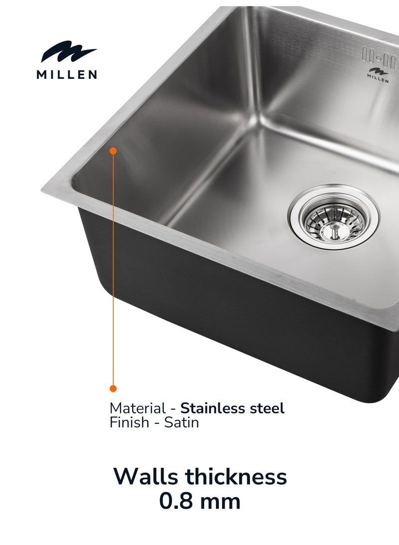 ميلين حوض غسيل فردي فاخر مثبت أسفله وأعلى - فولاذ مقاوم للصدأ 304، عازل للصوت، بلمسة نهائية ساتانية - MS4408، ضمان لمدة 3 سنوات - Image 3
