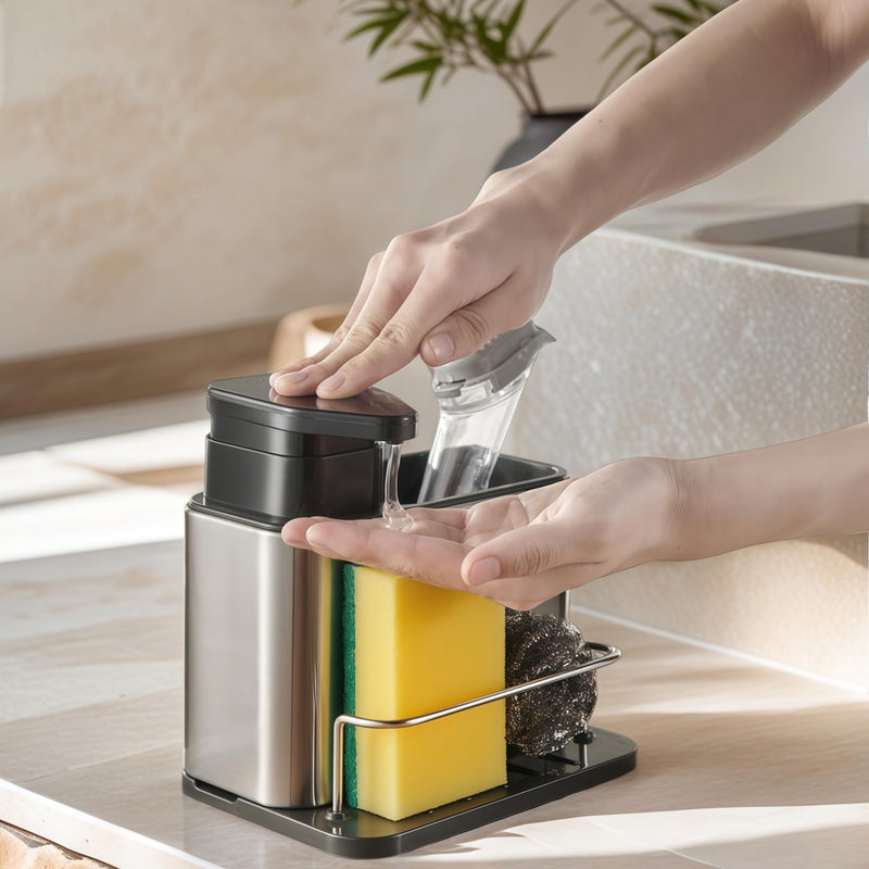 LIBODOUR Soap Dispenser for Kitchen & Bathroom Sink,3-in-1 Sponge Holder for Kitchen, Organizer Dish Soap Dispenser,Sink Caddy,Stainless Steel Dish Brush Scrubber with Sponge Holder - Image 1