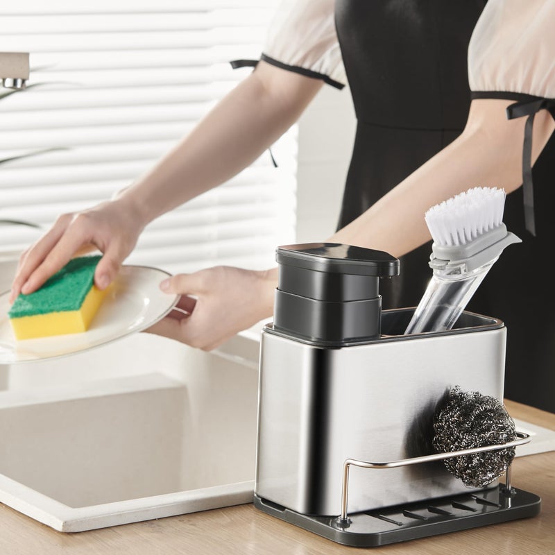 LIBODOUR Soap Dispenser for Kitchen & Bathroom Sink,3-in-1 Sponge Holder for Kitchen, Organizer Dish Soap Dispenser,Sink Caddy,Stainless Steel Dish Brush Scrubber with Sponge Holder - Image 3