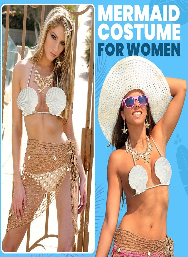 Skicuff زي حورية البحر من سكيكوف مكون من 7 قطع للنساء، يتضمن قلادة من الصدف، وأقراط، وحقيبة يد، ومشبك شعر على شكل نجم البحر، وتنورة كروشيه حورية البحر، وحمالة صدر من الصدف، وإكسسوارات صيفية للشاطئ، مقاس واحد، لؤلؤ صناعي، وأحجار الراين الراتنجية، وصدف، ومعدن. - Image 3