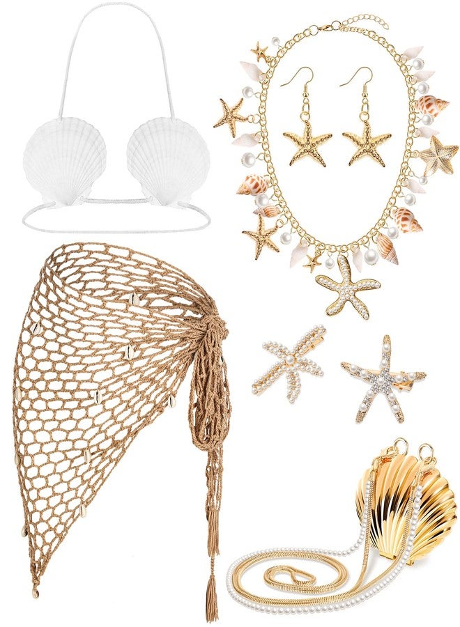 Skicuff زي حورية البحر من سكيكوف مكون من 7 قطع للنساء، يتضمن قلادة من الصدف، وأقراط، وحقيبة يد، ومشبك شعر على شكل نجم البحر، وتنورة كروشيه حورية البحر، وحمالة صدر من الصدف، وإكسسوارات صيفية للشاطئ، مقاس واحد، لؤلؤ صناعي، وأحجار الراين الراتنجية، وصدف، ومعدن. - Image 1
