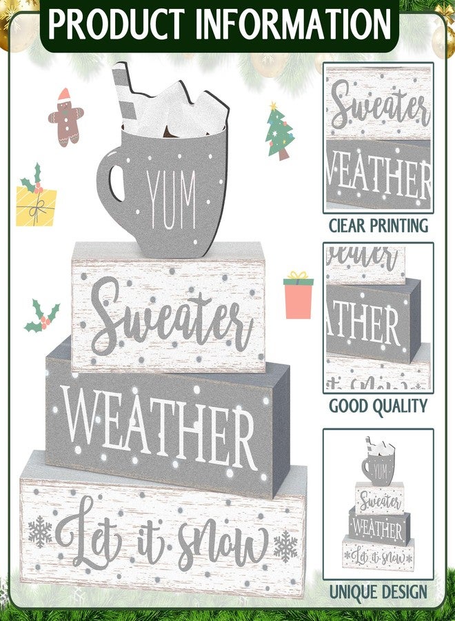 Marsui 4 Pcs Winter Christmas Wooden Tabletop Decor Rustic Wooden Hot Cocoa Block Sign Gift Farmhouse Xmas Tiered Tray Decor Let It Snow - Image 4