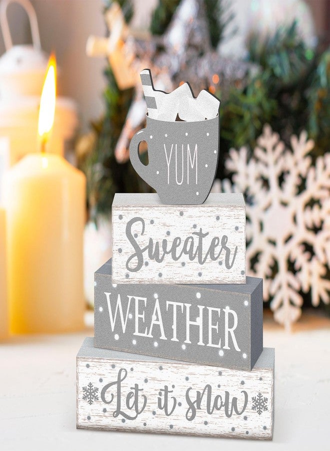 Marsui 4 Pcs Winter Christmas Wooden Tabletop Decor Rustic Wooden Hot Cocoa Block Sign Gift Farmhouse Xmas Tiered Tray Decor Let It Snow - Image 5