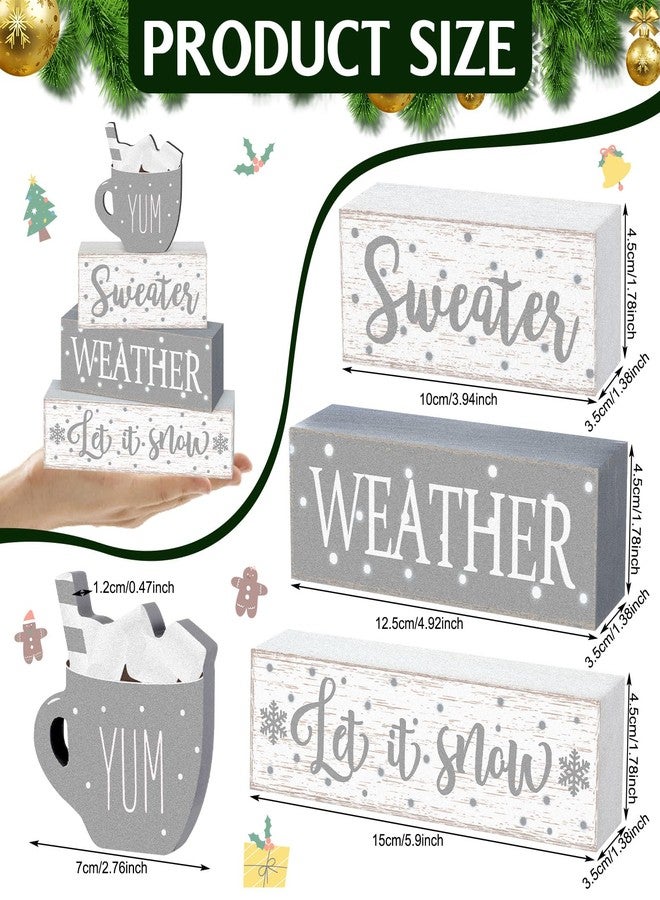 Marsui 4 Pcs Winter Christmas Wooden Tabletop Decor Rustic Wooden Hot Cocoa Block Sign Gift Farmhouse Xmas Tiered Tray Decor Let It Snow - Image 3