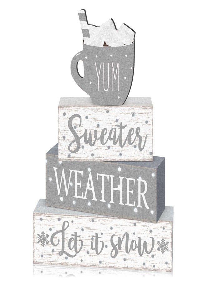 Marsui 4 Pcs Winter Christmas Wooden Tabletop Decor Rustic Wooden Hot Cocoa Block Sign Gift Farmhouse Xmas Tiered Tray Decor Let It Snow - Image 1