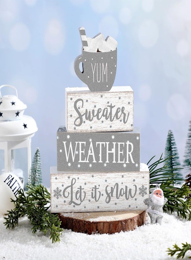 Marsui 4 Pcs Winter Christmas Wooden Tabletop Decor Rustic Wooden Hot Cocoa Block Sign Gift Farmhouse Xmas Tiered Tray Decor Let It Snow - Image 2