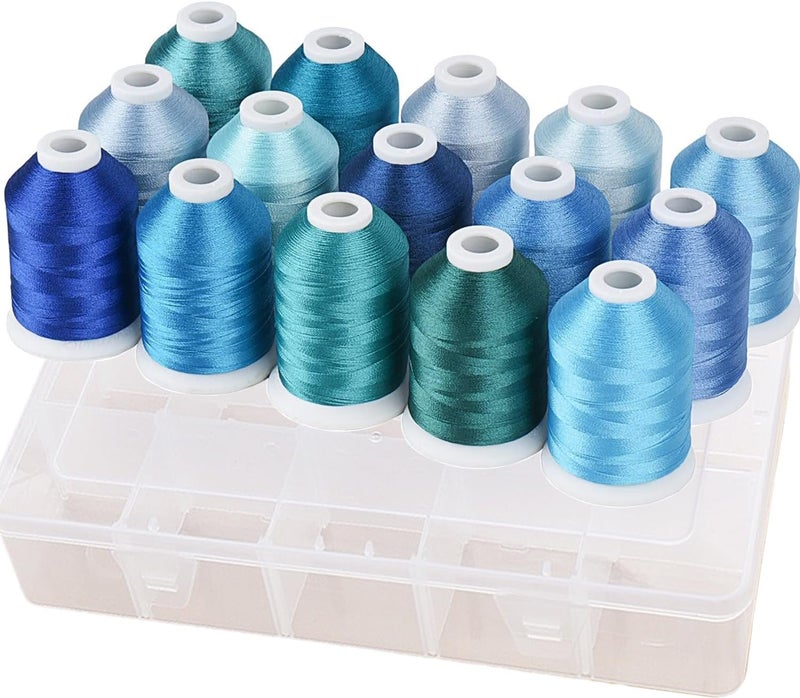 simthread Machine Embroidery Thread with Storage Box 1000M (1100Y) Polyester 15 Spools Set for Embroidery Sewing Machine (Blue) - Image 1