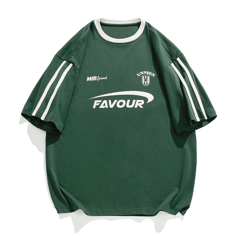 Vamtac Patchwork Racing T Shirt Y2K Vintage Oversized Graphic Tees Contrast Color Stripe Half Sleeve Unisex Streetwear Top DarkGreen X-Large - Image 1