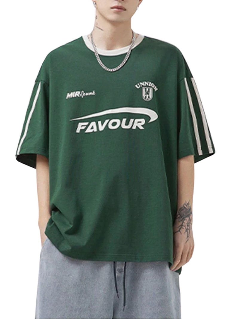 Vamtac Patchwork Racing T Shirt Y2K Vintage Oversized Graphic Tees Contrast Color Stripe Half Sleeve Unisex Streetwear Top DarkGreen X-Large - Image 5