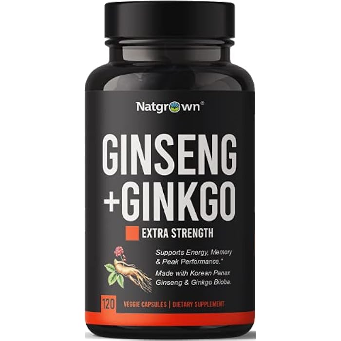Natgrown Panax Ginseng & Ginkgo Biloba Supplement - Red Korean Ginseng & Ginko Biloba Capsules for Men & Women - Supports Memory Focus & Brain Function - Vegan Pills - 120 Count - Image 1