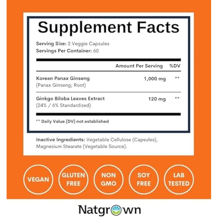 Natgrown Panax Ginseng & Ginkgo Biloba Supplement - Red Korean Ginseng & Ginko Biloba Capsules for Men & Women - Supports Memory Focus & Brain Function - Vegan Pills - 120 Count - Image 4