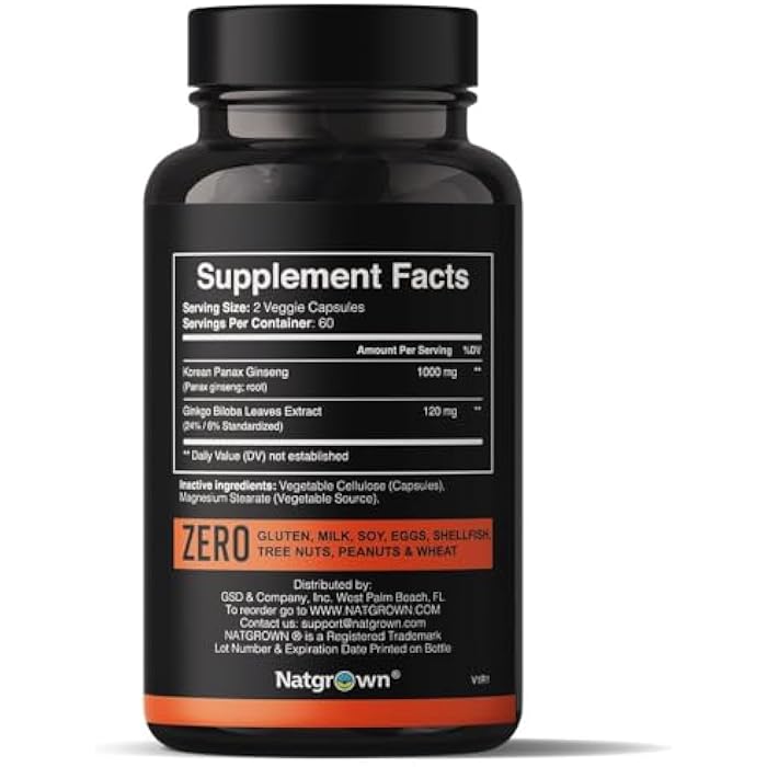 Natgrown Panax Ginseng & Ginkgo Biloba Supplement - Red Korean Ginseng & Ginko Biloba Capsules for Men & Women - Supports Memory Focus & Brain Function - Vegan Pills - 120 Count - Image 2
