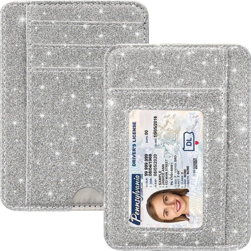 Hot Cool Card Holder Wallet Front Pocket Minimalist Travel Cute Funny Thin Leather With RFID Blocking Small Credit Card Holder Wallet for Men & Women Girls Organizer Gifts, Glitter Silver - Image 1