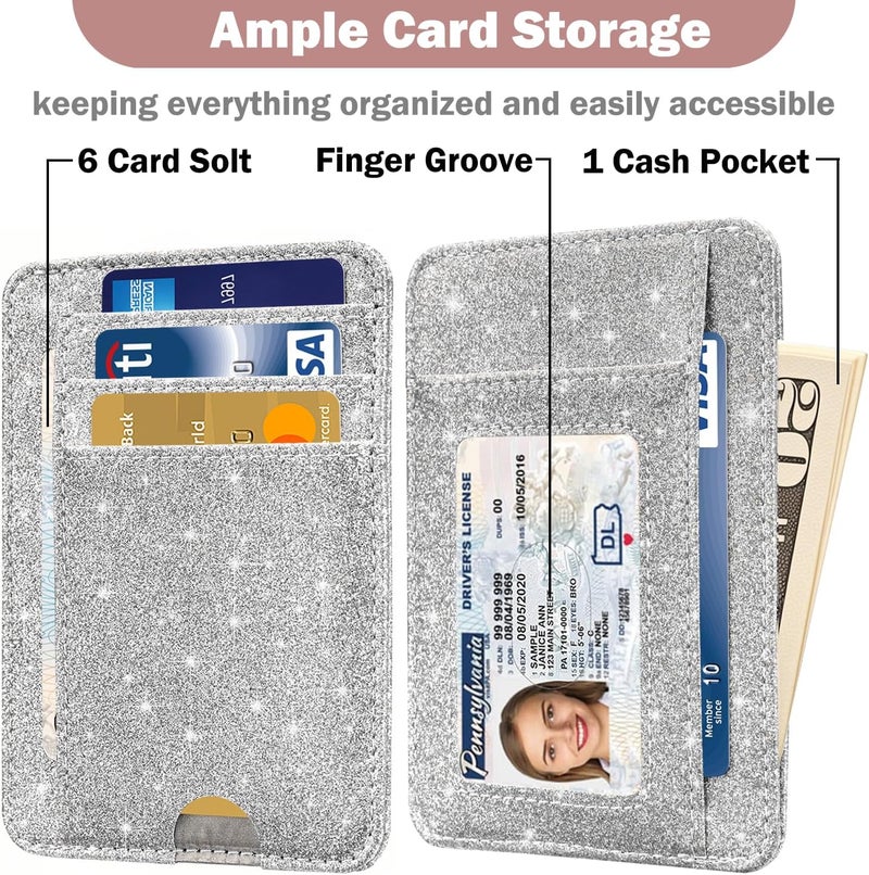 Hot Cool Card Holder Wallet Front Pocket Minimalist Travel Cute Funny Thin Leather With RFID Blocking Small Credit Card Holder Wallet for Men & Women Girls Organizer Gifts, Glitter Silver - Image 3