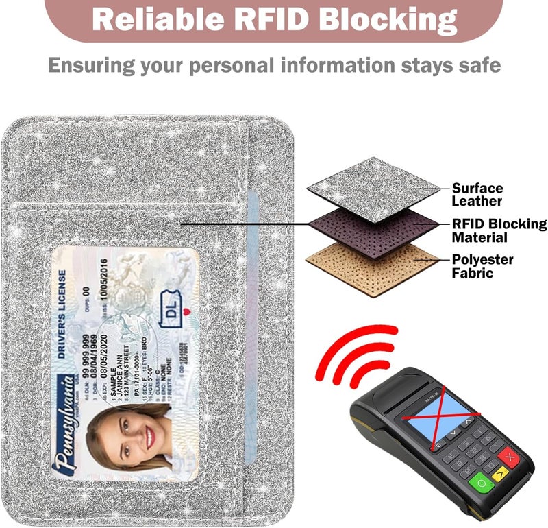 Hot Cool Card Holder Wallet Front Pocket Minimalist Travel Cute Funny Thin Leather With RFID Blocking Small Credit Card Holder Wallet for Men & Women Girls Organizer Gifts, Glitter Silver - Image 5