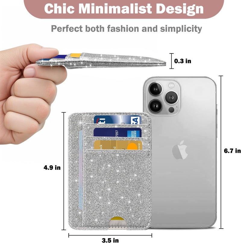 Hot Cool Card Holder Wallet Front Pocket Minimalist Travel Cute Funny Thin Leather With RFID Blocking Small Credit Card Holder Wallet for Men & Women Girls Organizer Gifts, Glitter Silver - Image 4