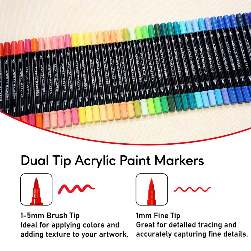 Recheel 72 Colors Acrylic Paint Markers, Dual Tip with Fine Tip and Brush Tip Pens for Stone, Wood, Canvas, Glass, Ceramic, Metal, Rock, Fabric, DIY Art Projects - Image 2