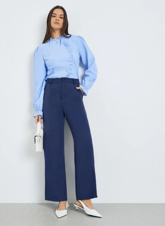 Take Two Navy Blue Solid Straight Leg Trousers