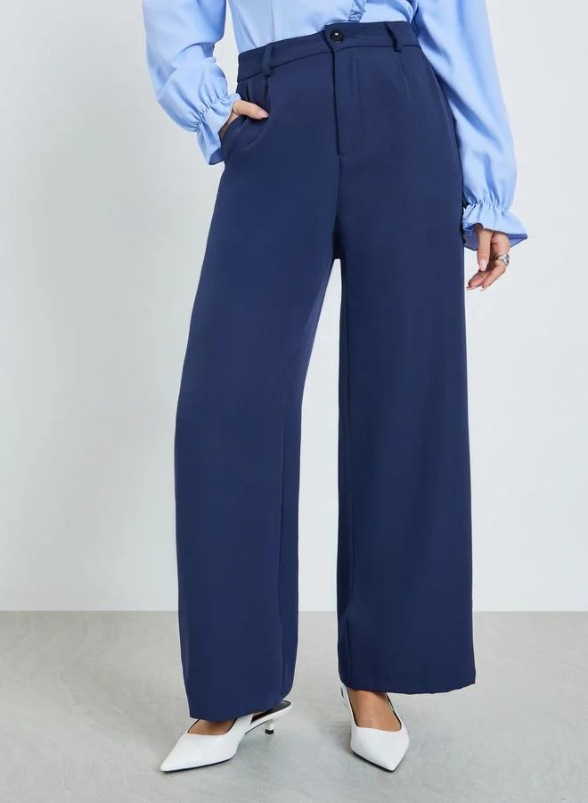 Take Two Navy Blue Solid Straight Leg Trousers