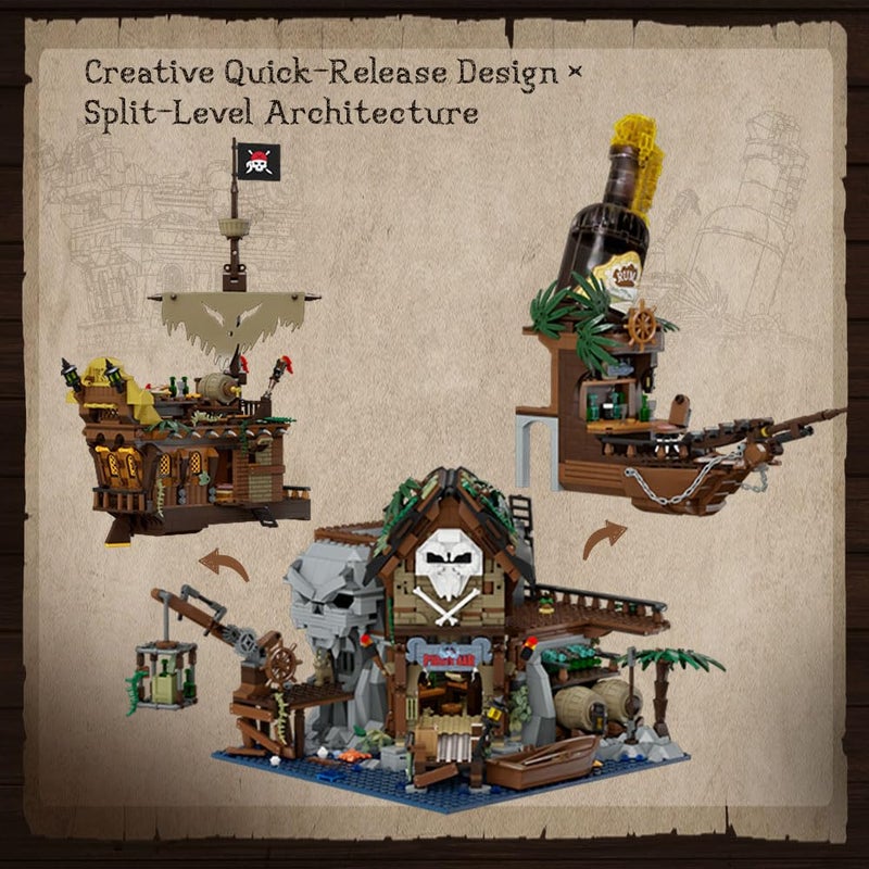PANTASY Pirate Pub Building Kit â€“ Modular Shipwreck Tavern Architecture Deck with Terrace Bar, Rum Bottle & Pirate Figures â€“ Creative Nautical Display Set for Adults and Collectors - Image 3