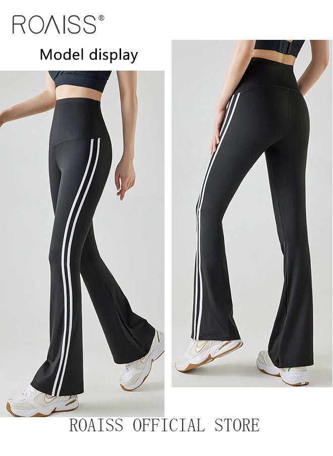 roaiss - Women Striped Sweatpants High Elastic Fabric Yoga Fitness Pants Slightly Booted Trousers Wear resistant and Anti wrinkle Moisture Wicking Tighten the Waist Modify Body Proportions - Image 1