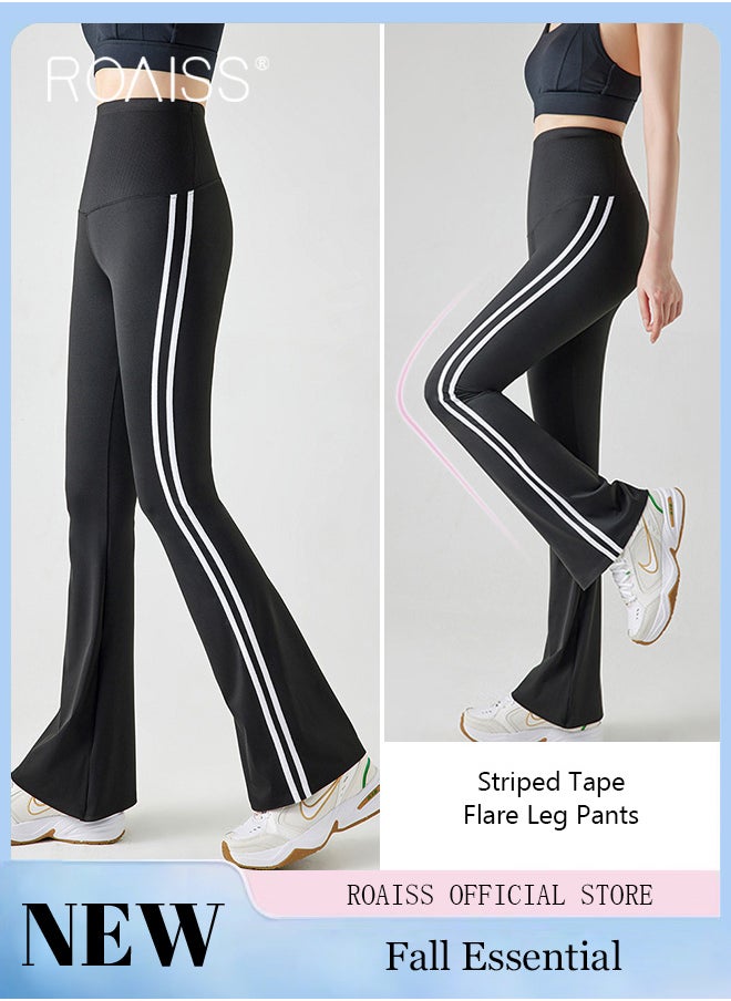 roaiss - Women Striped Sweatpants High Elastic Fabric Yoga Fitness Pants Slightly Booted Trousers Wear resistant and Anti wrinkle Moisture Wicking Tighten the Waist Modify Body Proportions - Image 1