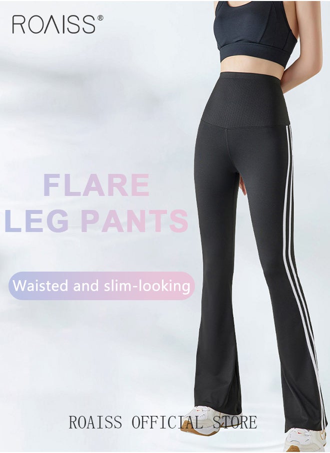 roaiss - Women Striped Sweatpants High Elastic Fabric Yoga Fitness Pants Slightly Booted Trousers Wear resistant and Anti wrinkle Moisture Wicking Tighten the Waist Modify Body Proportions - Image 1