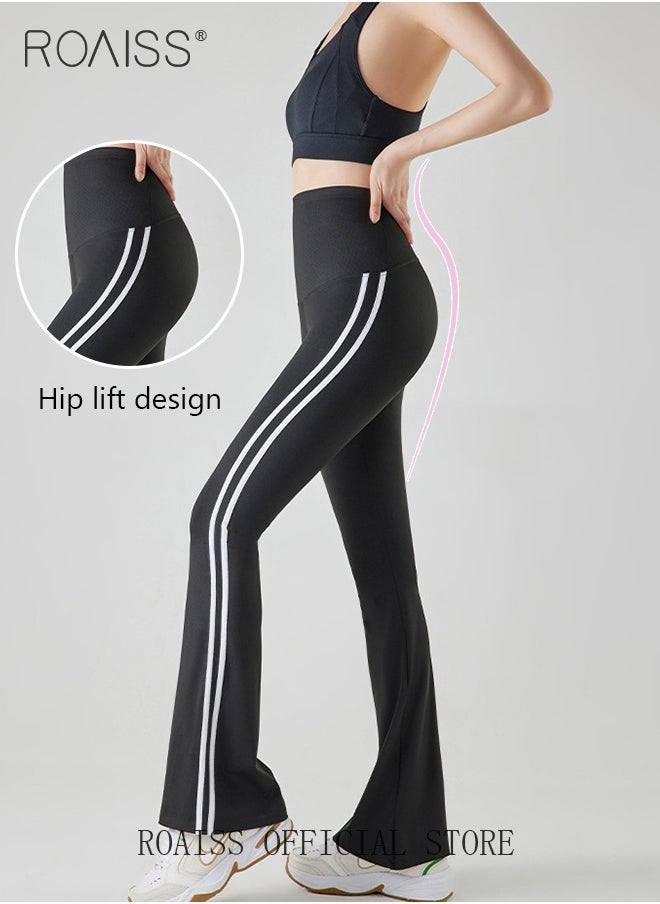 roaiss - Women Striped Sweatpants High Elastic Fabric Yoga Fitness Pants Slightly Booted Trousers Wear resistant and Anti wrinkle Moisture Wicking Tighten the Waist Modify Body Proportions - Image 1