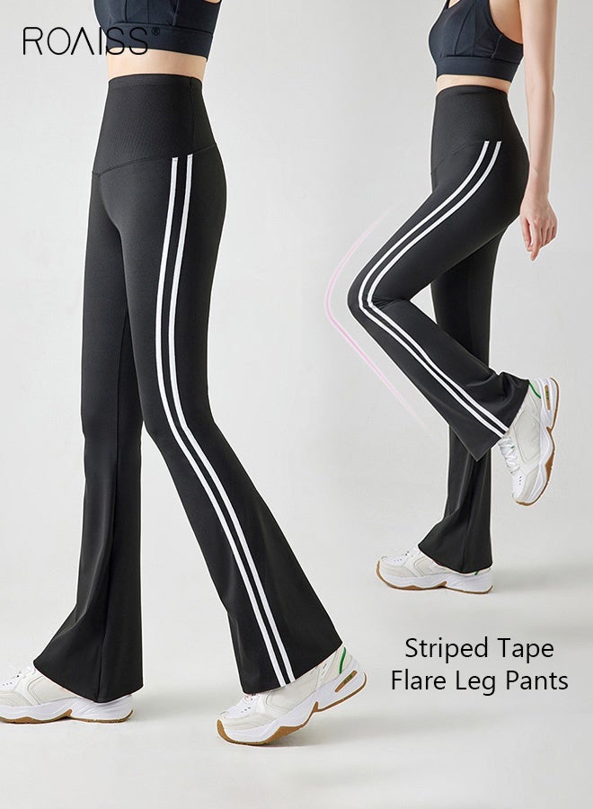 roaiss Women Striped Sweatpants High Elastic Fabric Yoga Fitness Pants Slightly Booted Trousers Wear resistant and Anti wrinkle Moisture Wicking Tighten the Waist Modify Body Proportions Black