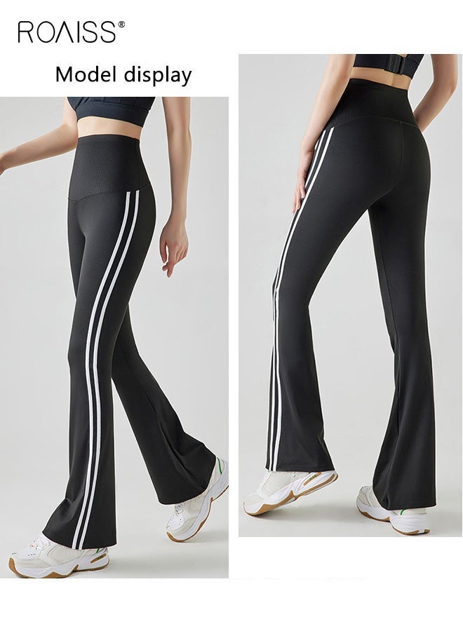 roaiss Women Striped Sweatpants High Elastic Fabric Yoga Fitness Pants Slightly Booted Trousers Wear resistant and Anti wrinkle Moisture Wicking Tighten the Waist Modify Body Proportions Black - Image 3