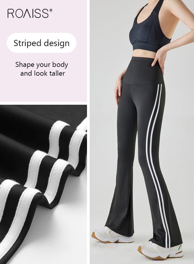 roaiss Women Striped Sweatpants High Elastic Fabric Yoga Fitness Pants Slightly Booted Trousers Wear resistant and Anti wrinkle Moisture Wicking Tighten the Waist Modify Body Proportions Black - Image 4