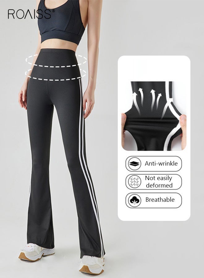 roaiss Women Striped Sweatpants High Elastic Fabric Yoga Fitness Pants Slightly Booted Trousers Wear resistant and Anti wrinkle Moisture Wicking Tighten the Waist Modify Body Proportions Black - Image 2