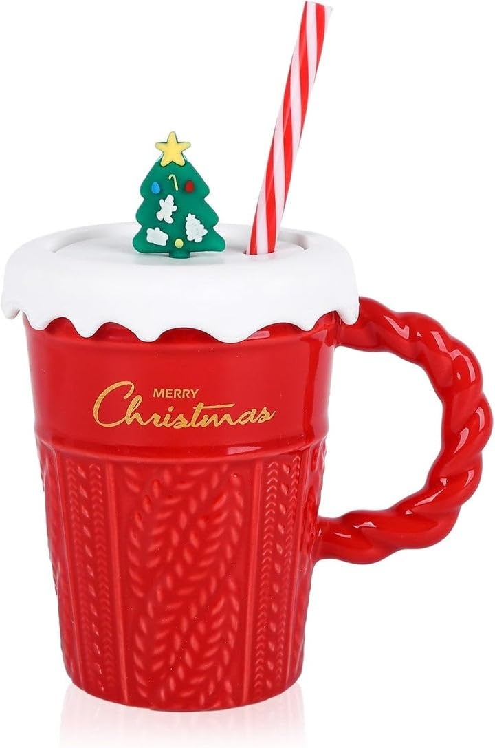 CORALTREE CORAL TREE Merry Christmas Ceramic Mug with Golden Reindeer Lid & Santa Spoon – Festive Gift -400 ml | Merry Christmas Gift Cup for Coffee Green Tea, Home & Office Use - Image 1