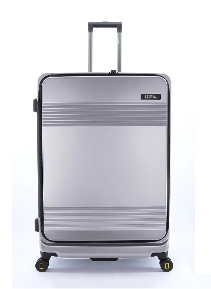 NATIONAL GEOGRAPHIC National Geographic Lodge Check-In Large Travel Suitcase, 100% PC Durable Lightweight Hard Shell Expandable Luggage, 4 Double Wheel, TSA Lock Trolley Bag Silver (71 cm/24 Inch).