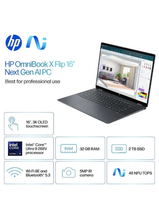 HP لابتوب أومني بوك إكس فليب كوبايلوت بلس 16 إنش 3K OLED باللمس، إنتل كور ألترا 9، 32 جيجابايت رام، 2 تيرابايت SSD، رسومات إنتل آرك، ويندوز 11، 120 هرتز - Image 3