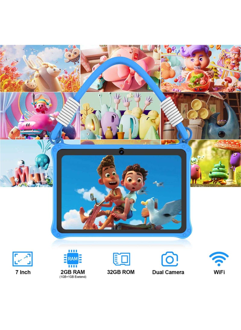 7 inch Android Tablet for Kids, WiFi Kids Tablet, 2GB+2GB RAM 32GB ROM Quad-Core Toddler Tablet with Shockproof Case, Bluetooth, WiFi, Parental Control, Dual Camera,  Educational Games (Blue)