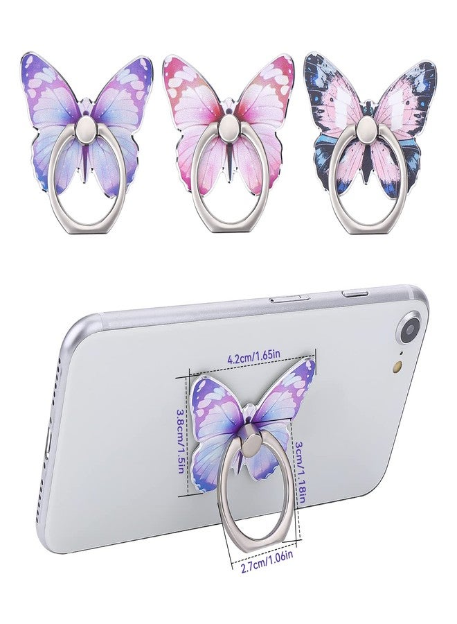Cobee 3 Pcs Butterfly Cell Phone Ring Stand Holder, Cute Butterfly Pattern Painted Metal Finger Stand Kickstand 360°Rotation Phone Ring Holder Stand Ring Hand Grip with Knob Loop (Blue, Purple, Pink) - Image 2