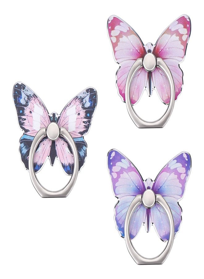 Cobee 3 Pcs Butterfly Cell Phone Ring Stand Holder, Cute Butterfly Pattern Painted Metal Finger Stand Kickstand 360°Rotation Phone Ring Holder Stand Ring Hand Grip with Knob Loop (Blue, Purple, Pink) - Image 1