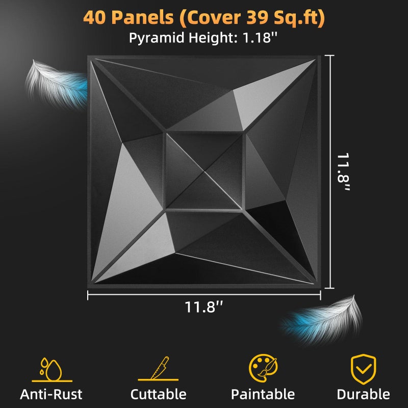 Umedol 40 PCS 3D Wall Panels for Interior Wall DÃ©cor Black 11.8"*11.8" Covering Panels, PVC Textured 3D Wall Tile for Living Room, Bedroom DIY Interior DÃ©cor - Image 2